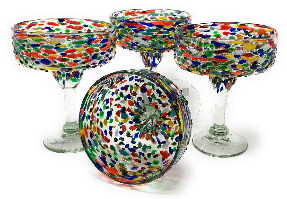 Dos Sueños margarita glass close-up with confetti rock design, perfect for festive gatherings.