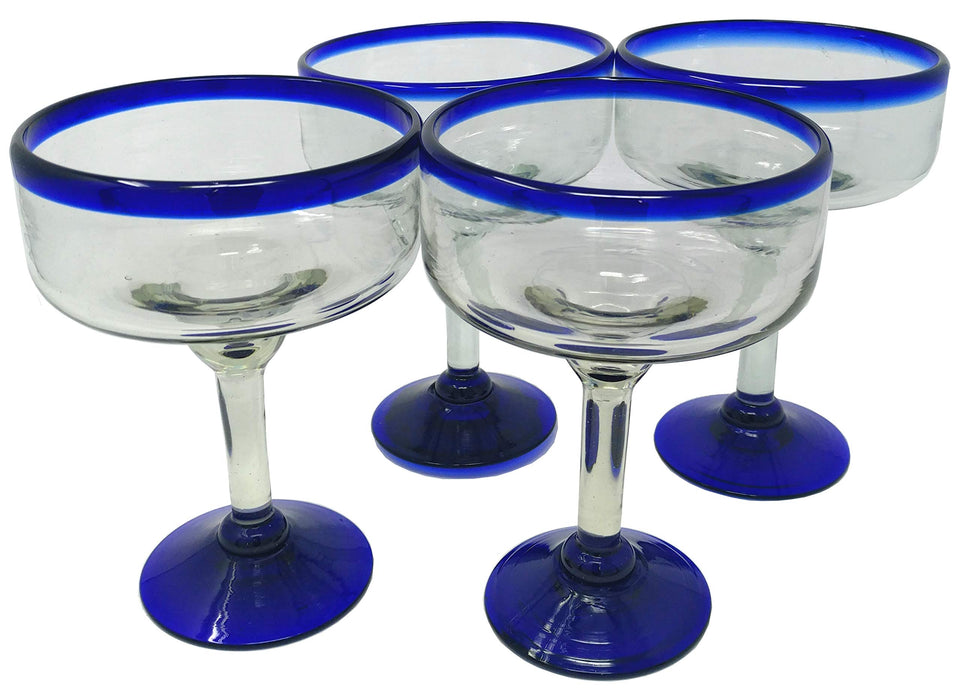 Dos Sueños margarita glasses with cobalt blue rim ready for entertaining.