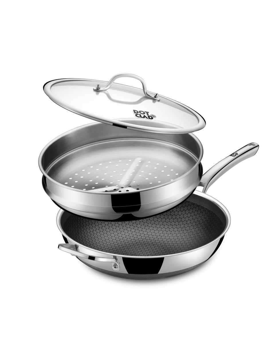 DOTCLAD 13-inch hybrid wok with lid ensures even steaming for quick meals.