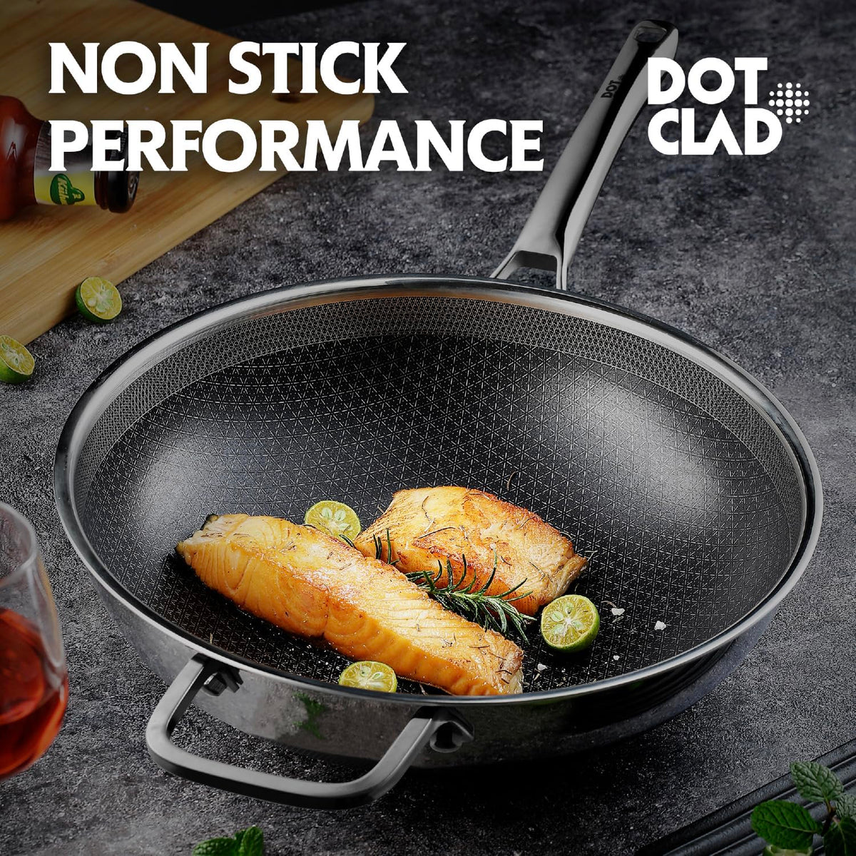DOTCLAD snowflake-technology surface emphasizes reduced oil for healthier stir-frying.