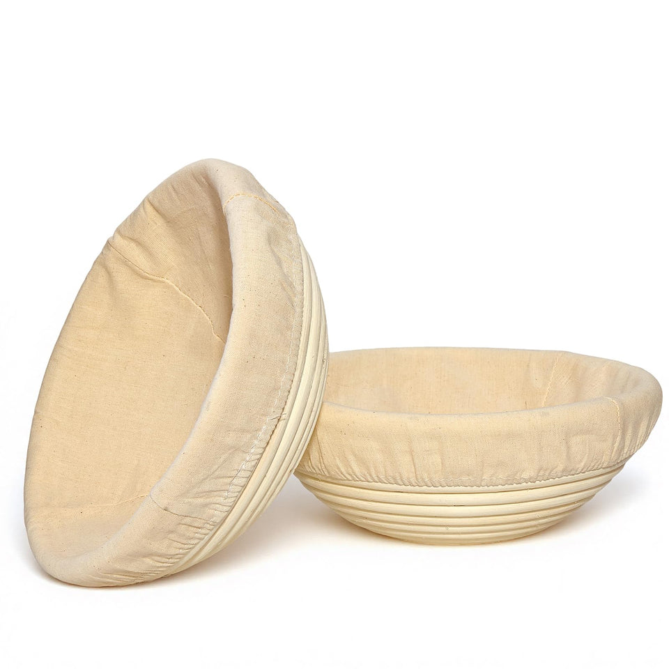 Dotela round 8.5 inch banneton with natural rattan weave for even proofing and easy dough release.