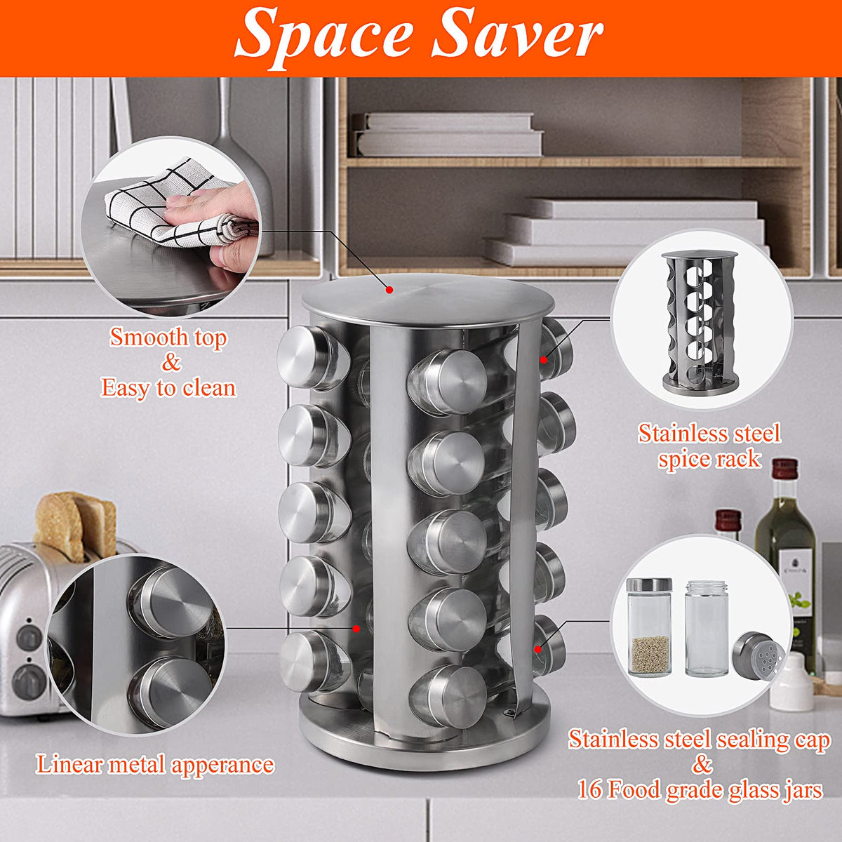 DOUBLE 2 C 360-degree rotating rack displays spices for easy grabbing