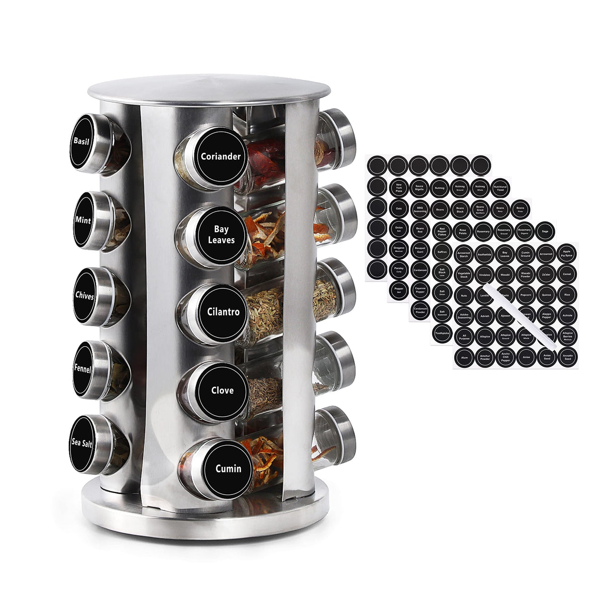 DOUBLE 2 C spice rack with 20 glass jars on a rotating base for quick access