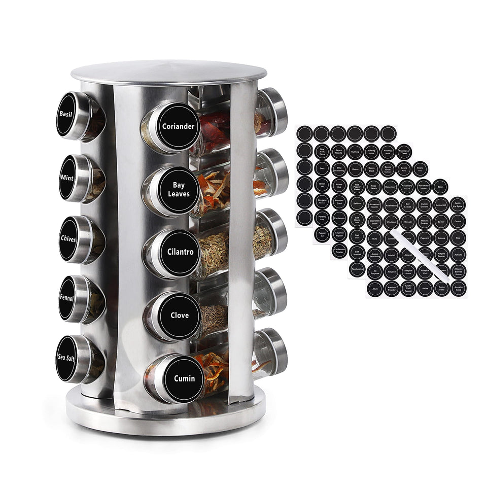 DOUBLE 2 C spice rack with 20 glass jars on a rotating base for quick access