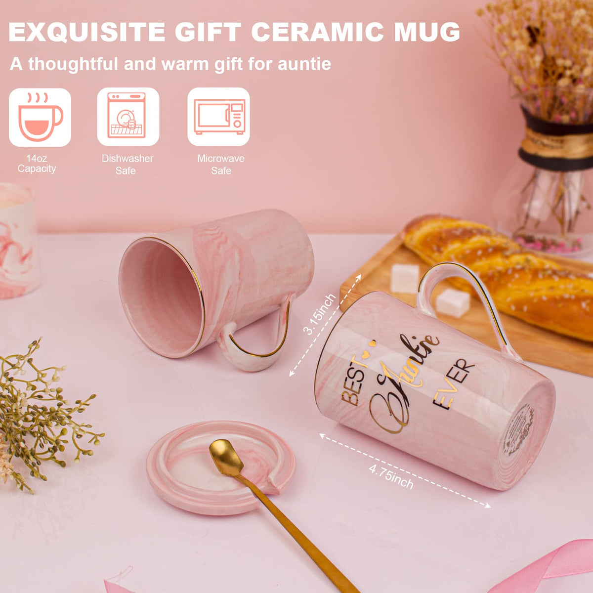 Doublewhale Aunt Gift Mug with lid and spoon for easy gifting and cozy mornings