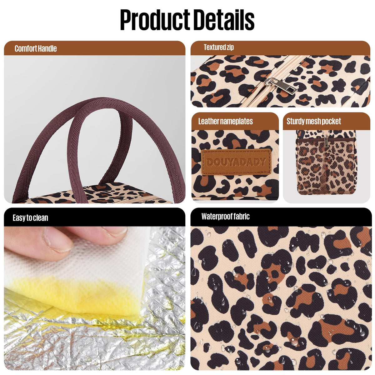 douyadady leopard lunch bag front pocket stores keys and cards conveniently.