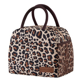 douyadady leopard lunch bag front view highlights durable insulation for warm meals.