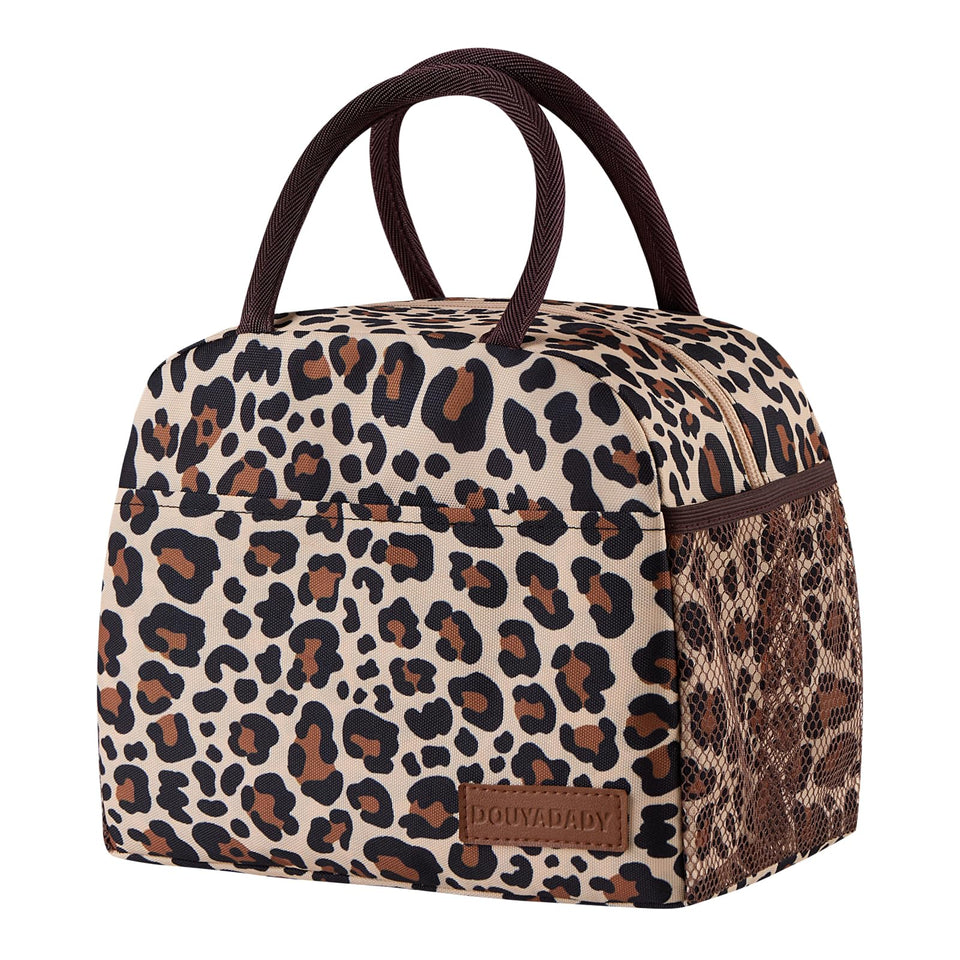 douyadady leopard lunch bag front view highlights durable insulation for warm meals.