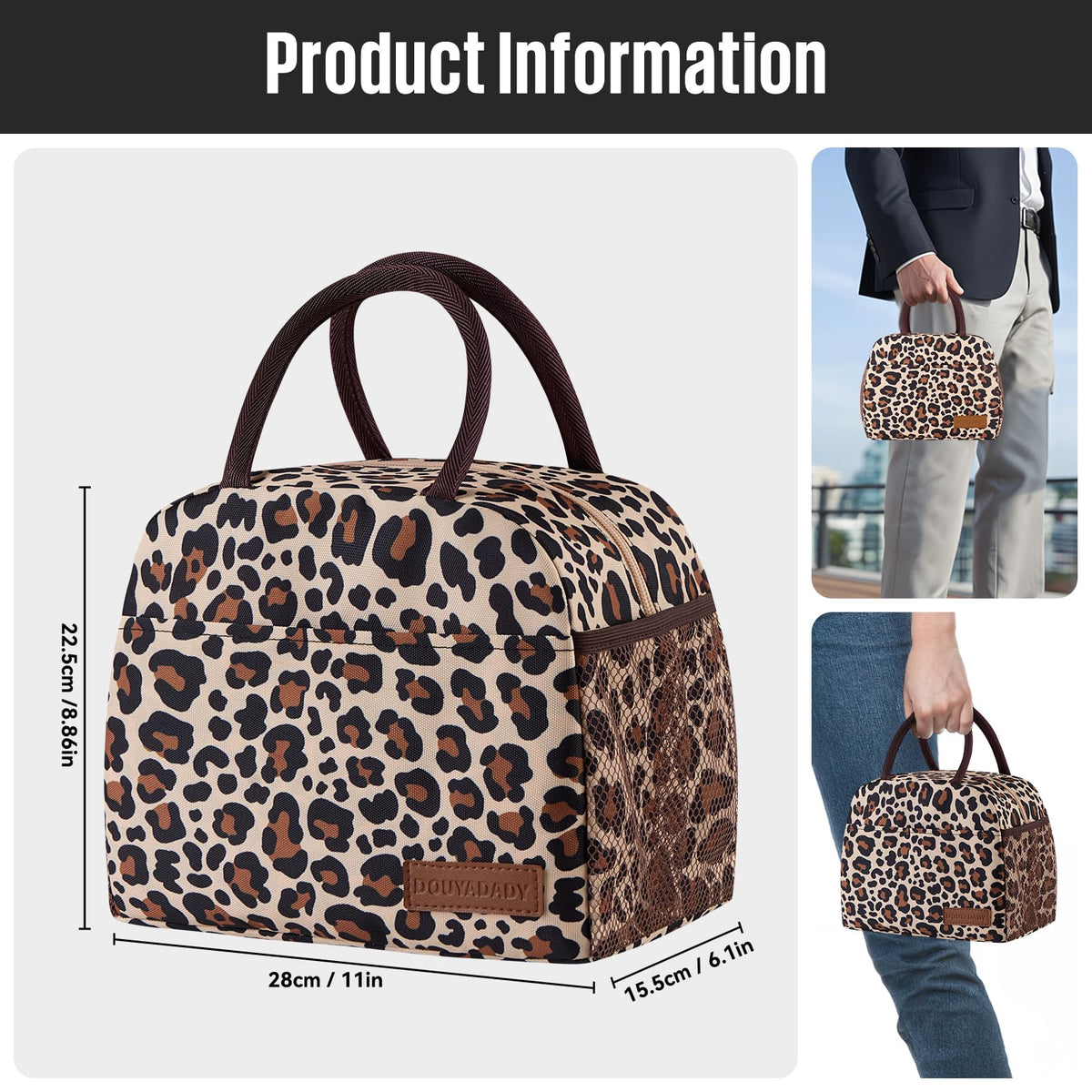 douyadady leopard lunch bag open main compartment showcases spacious capacity.