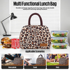 douyadady leopard lunch bag side pockets hold bottles and drinks neatly.