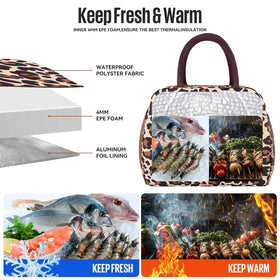 douyadady leopard lunch bag size accommodates sandwiches, salads, snacks, and fruit.