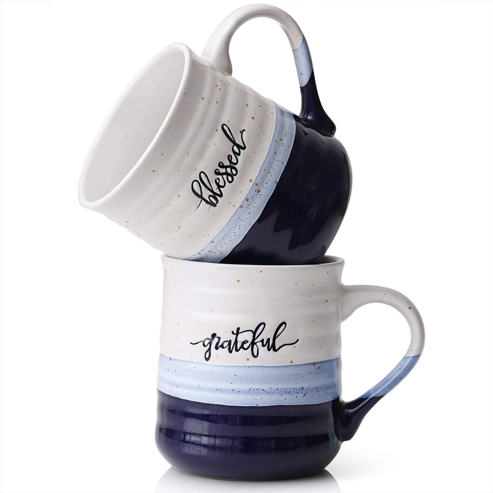 Dowan 20 oz Blessed Grateful mug with bold blue glaze, ideal for generous servings.