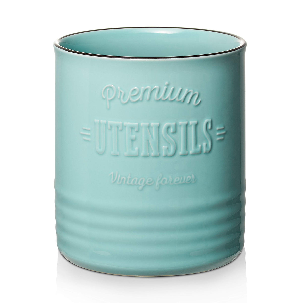 DOWAN turquoise ceramic utensil holder front view keeps long tools organized.