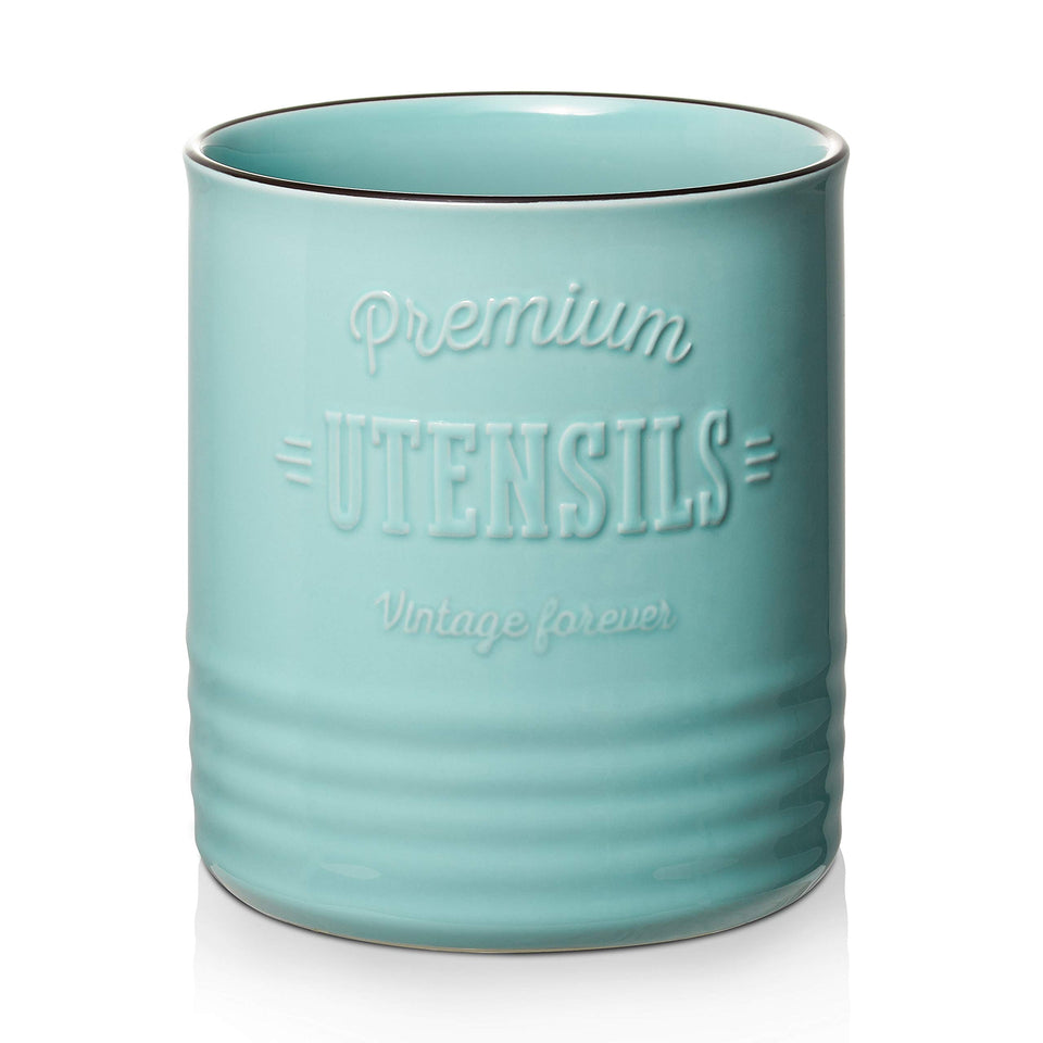 DOWAN turquoise ceramic utensil holder front view keeps long tools organized.