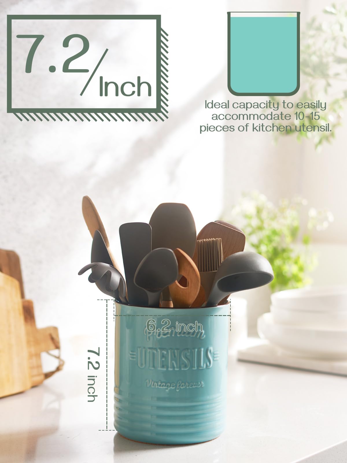 DOWAN turquoise utensil holder top view shows spacious interior for bulky tools.