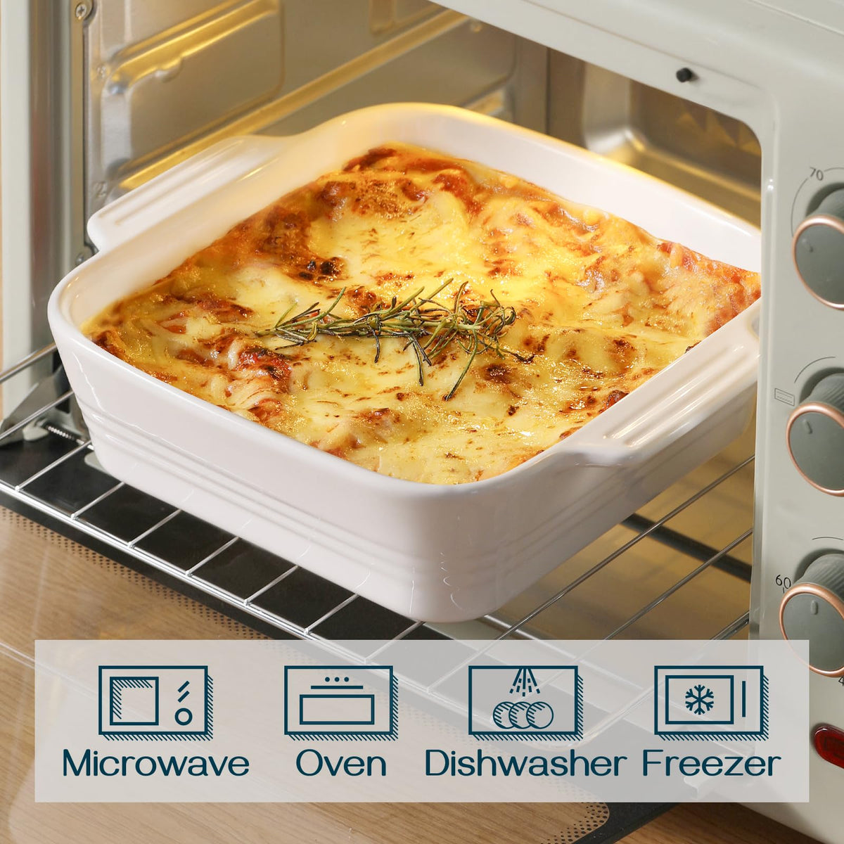 Closeup of DOWAN 8x8 square dish with handles for grip