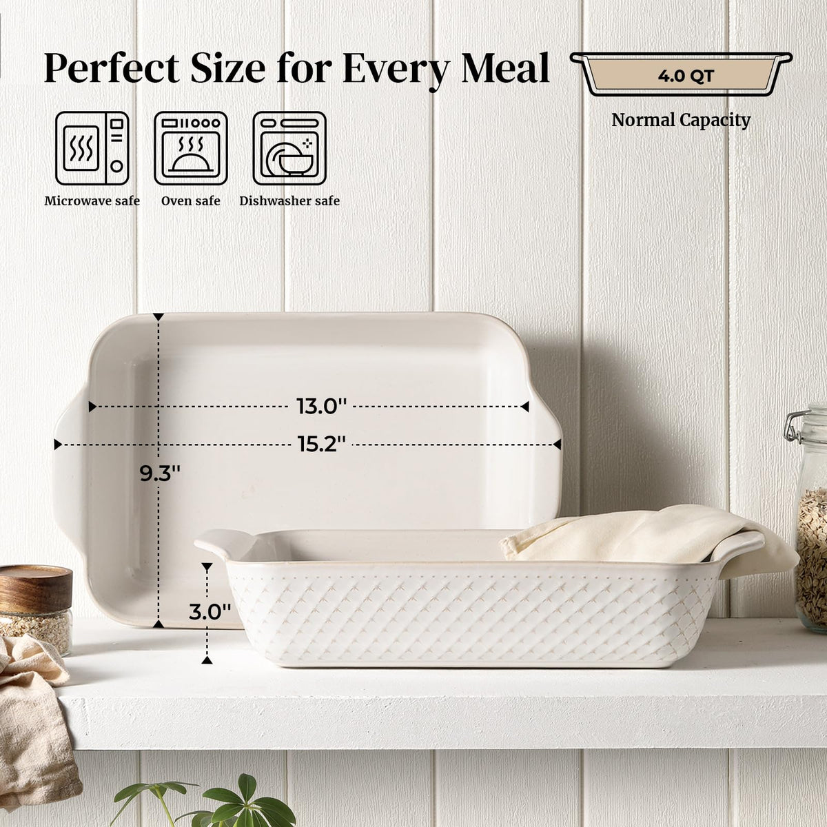 Dowan Arctic White embossed bakeware adds timeless table appeal.