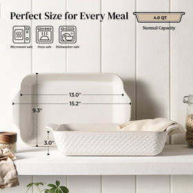 Dowan Arctic White embossed bakeware adds timeless table appeal.