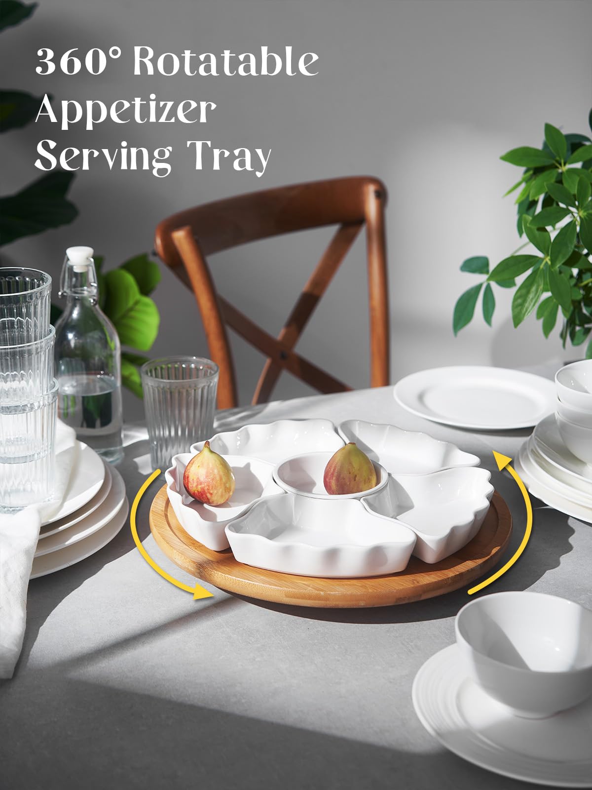 DOWAN bamboo lazy susan base enables smooth 360-degree serving access.