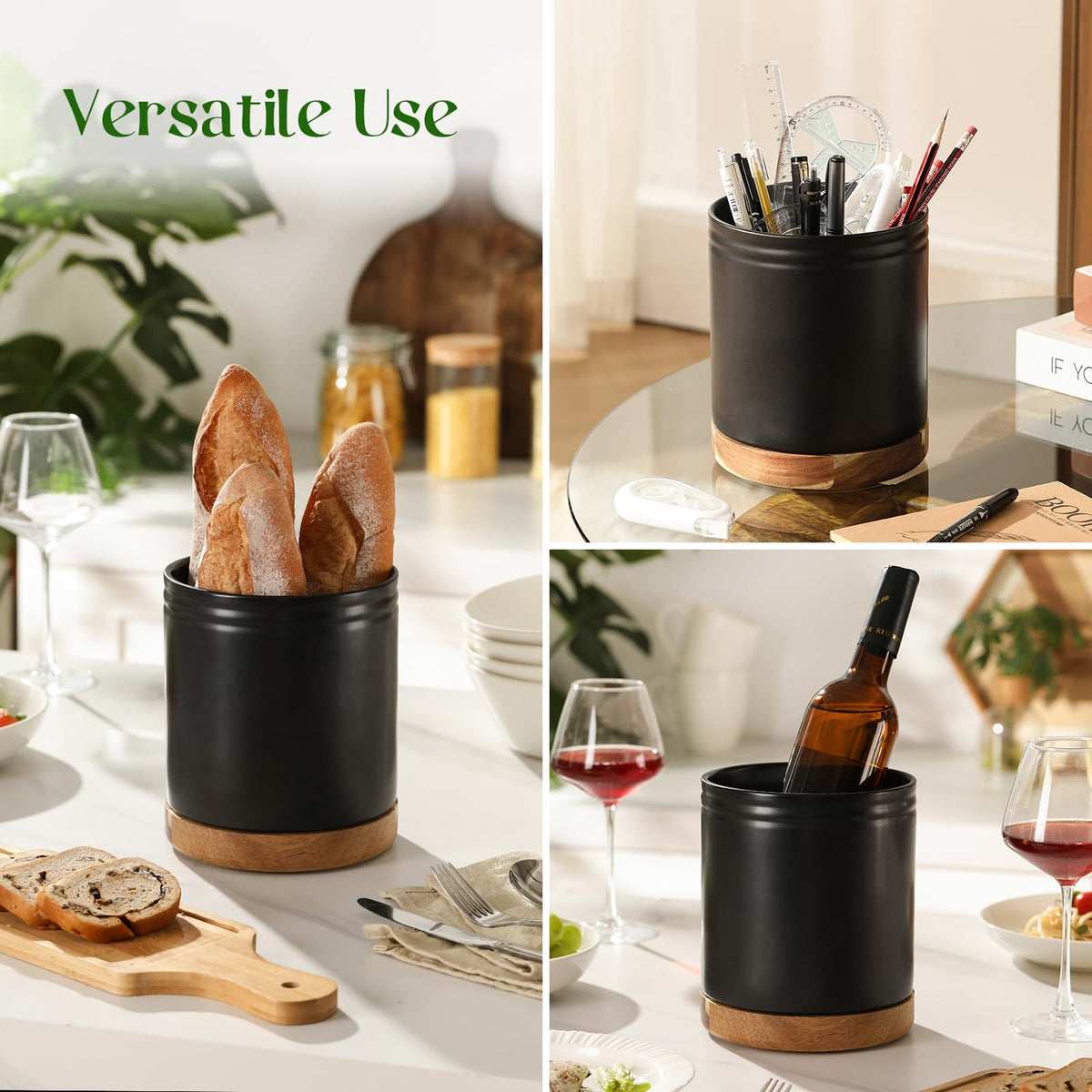 DOWAN black ceramic utensil holder on a counter with farmhouse style.