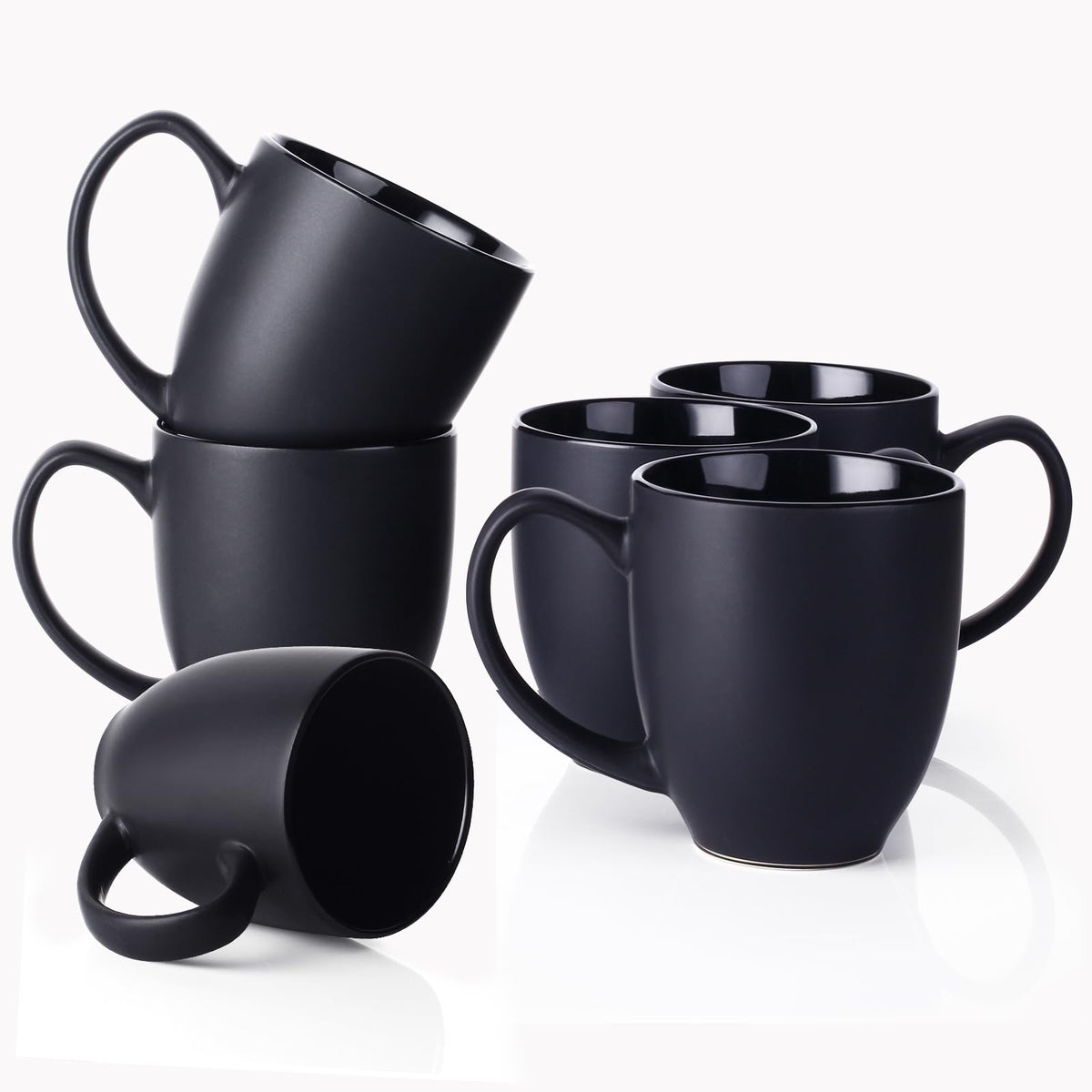 DOWAN black 16oz coffee mugs set of 6 with large handles for easy grip.