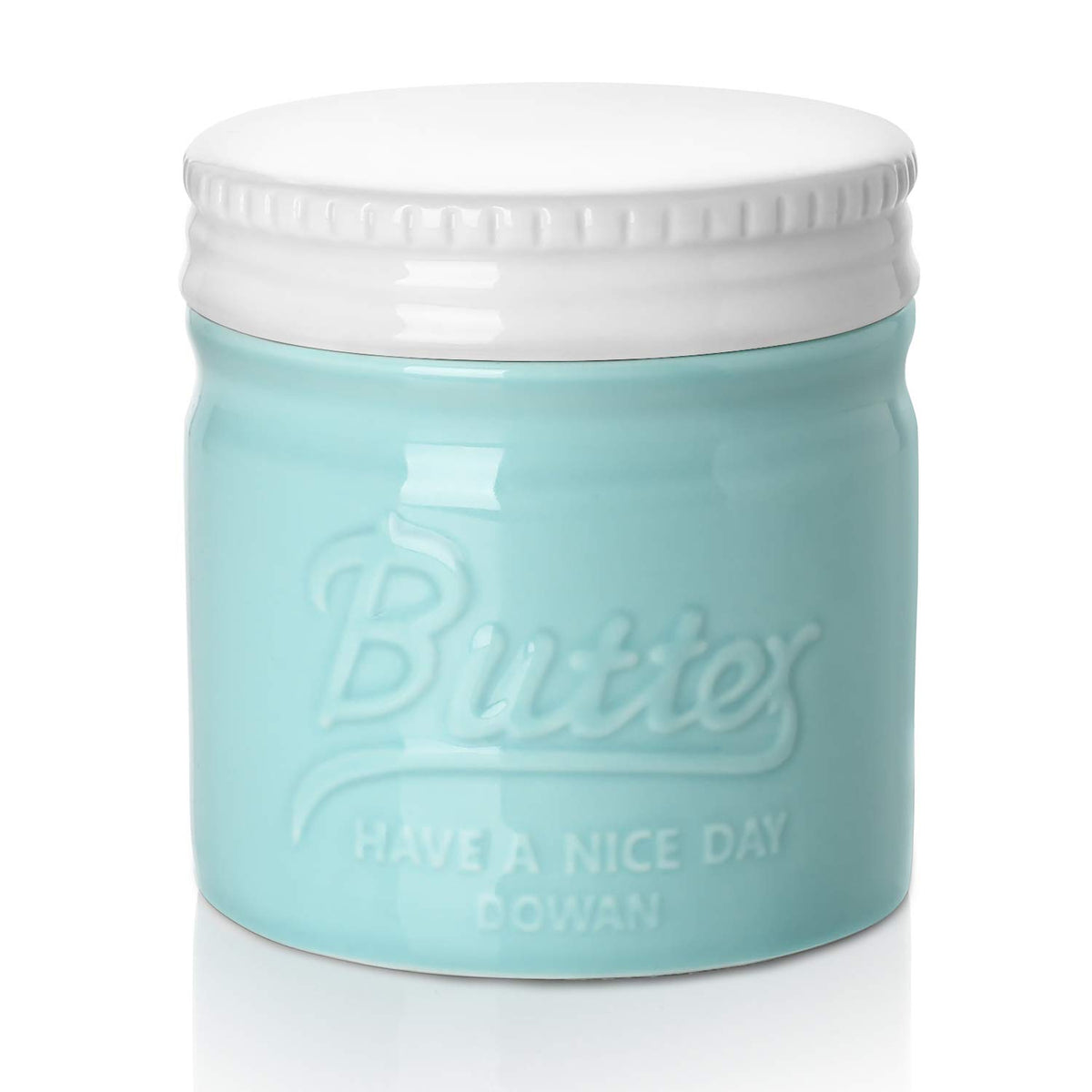 DOWAN blue-lid butter crock on countertop keeps butter soft for easy spreading