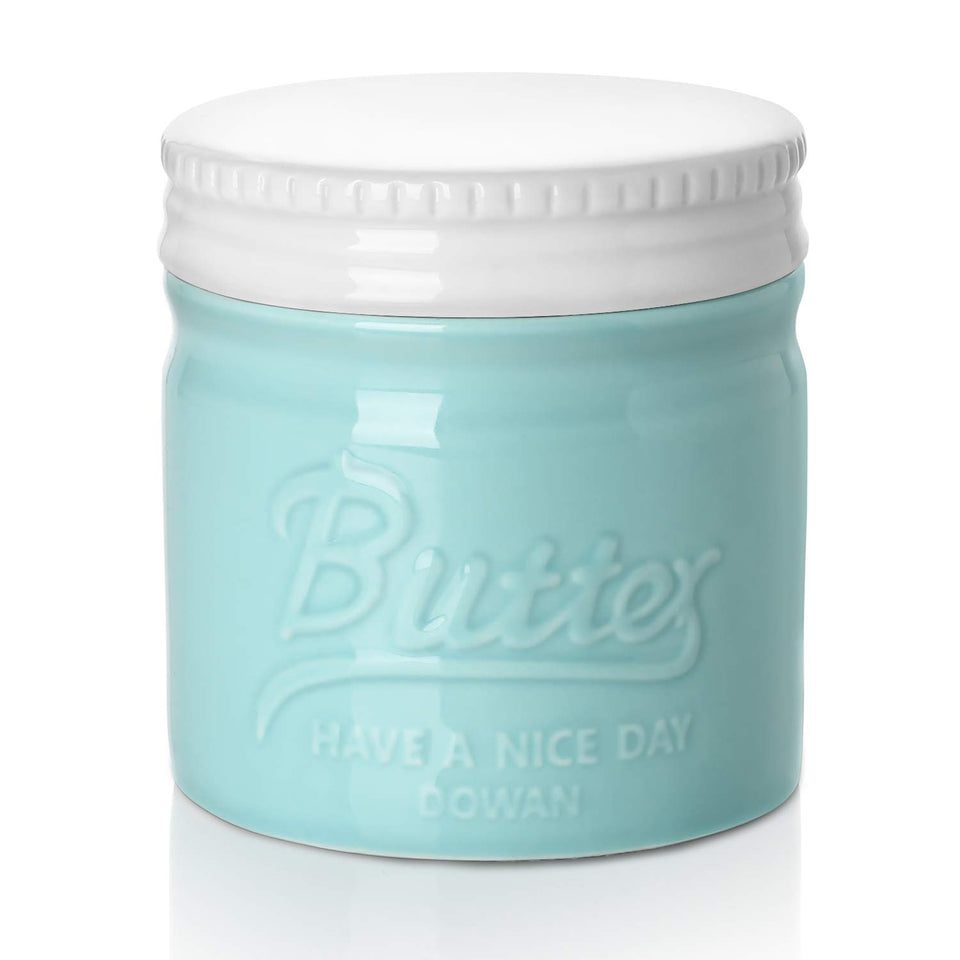 DOWAN blue-lid butter crock on countertop keeps butter soft for easy spreading