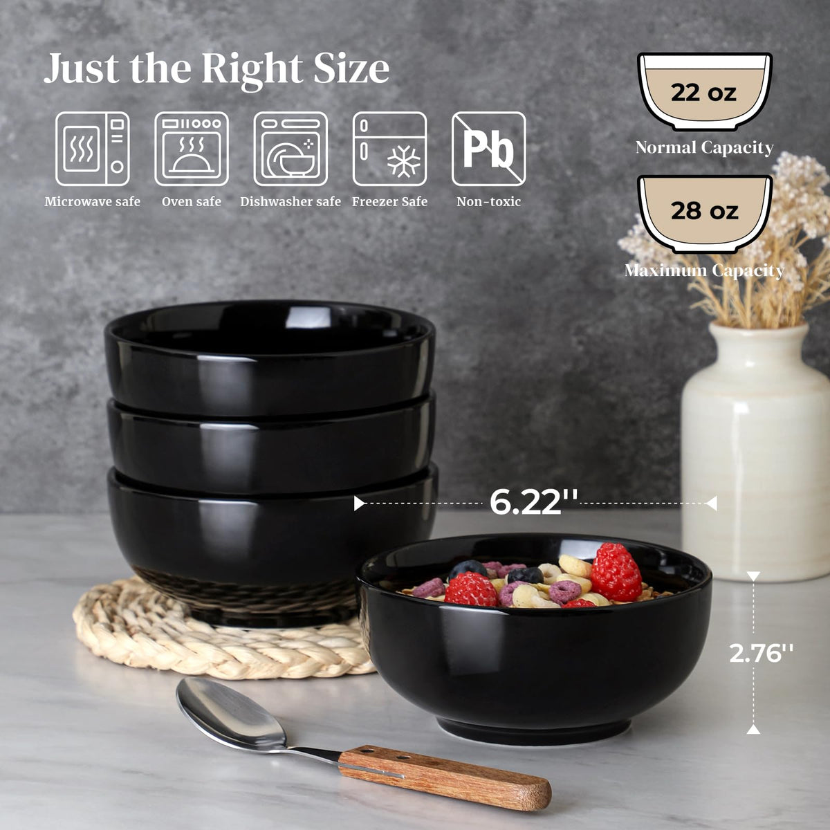 Stacked DOWAN bowls in black save kitchen space and simplify storage.