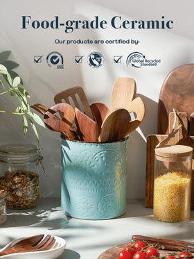 Dowan ceramic utensil crock with anti-slip cork bottom protects surfaces and prevents tipping.