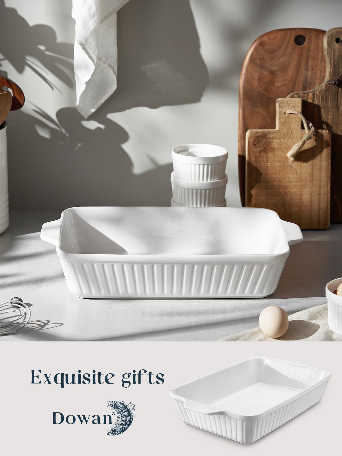 Dowan classic white casserole dish enhances kitchen decor.