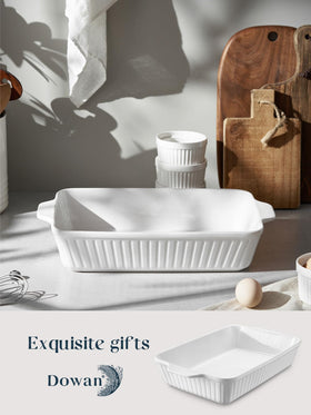 Dowan classic white casserole dish enhances kitchen decor.