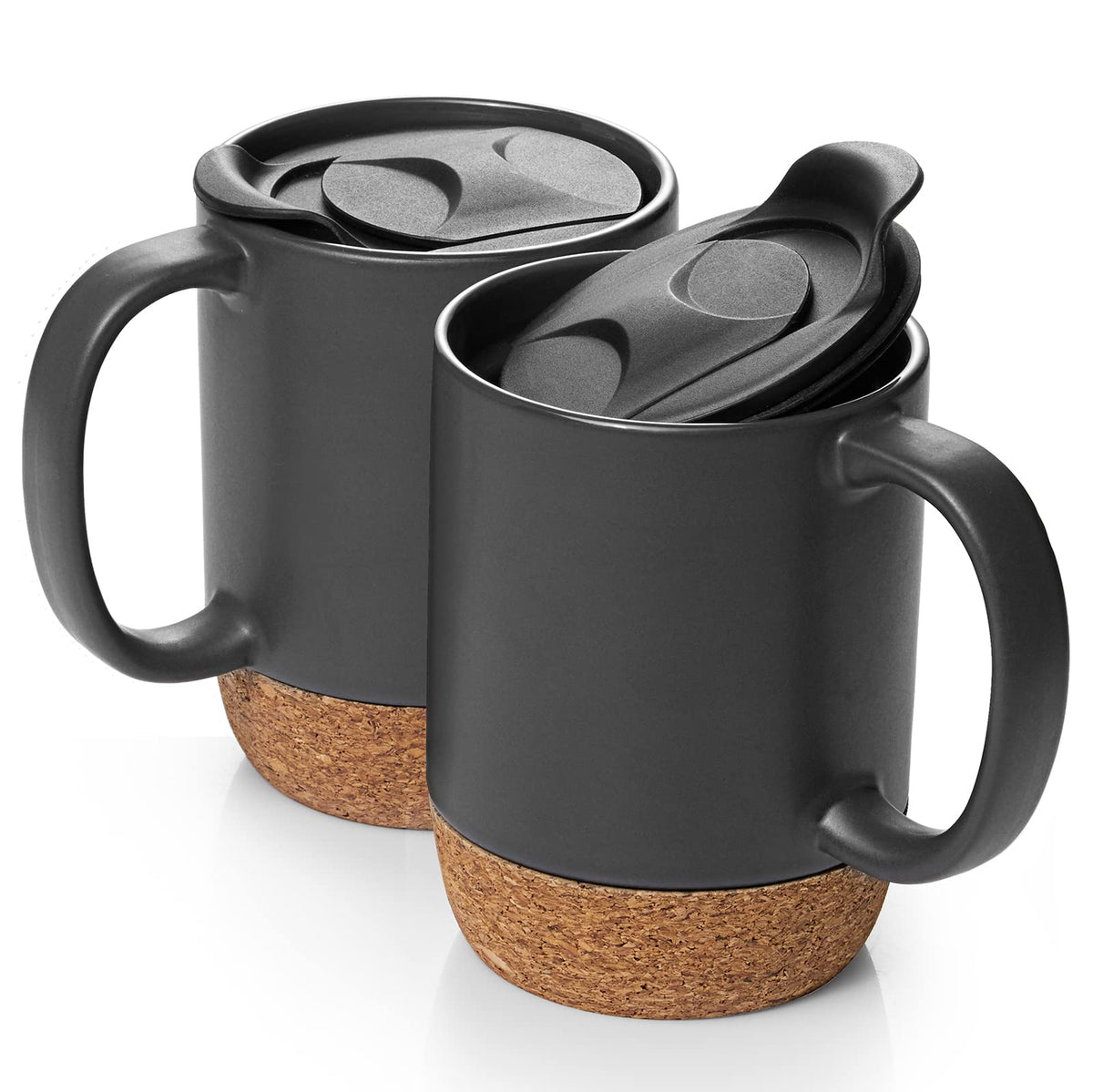 DOWAN 15oz coffee mug front view with cork bottom and spill-proof lid for desk use.