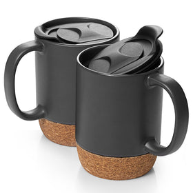 DOWAN 15oz coffee mug front view with cork bottom and spill-proof lid for desk use.