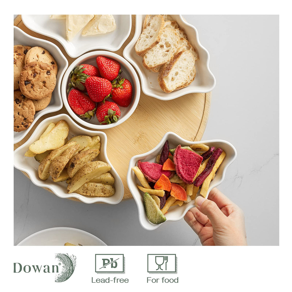 DOWAN removable porcelain dishes are dishwasher and microwave safe, except the wooden base.