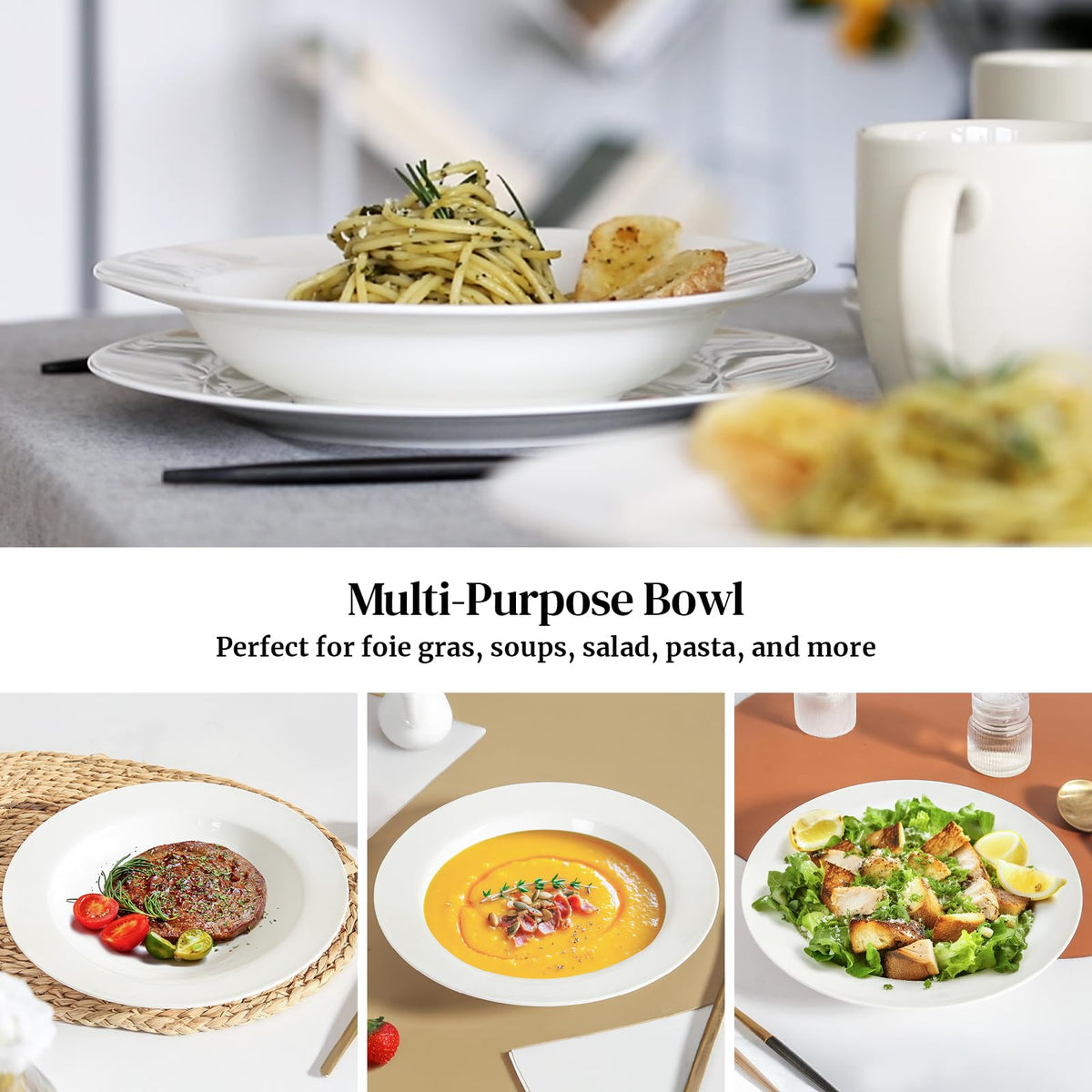 Microwave-safe porcelain bowls for quick reheats at home.