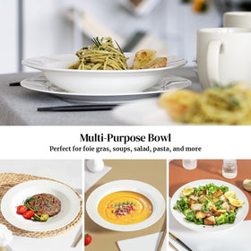 Microwave-safe porcelain bowls for quick reheats at home.