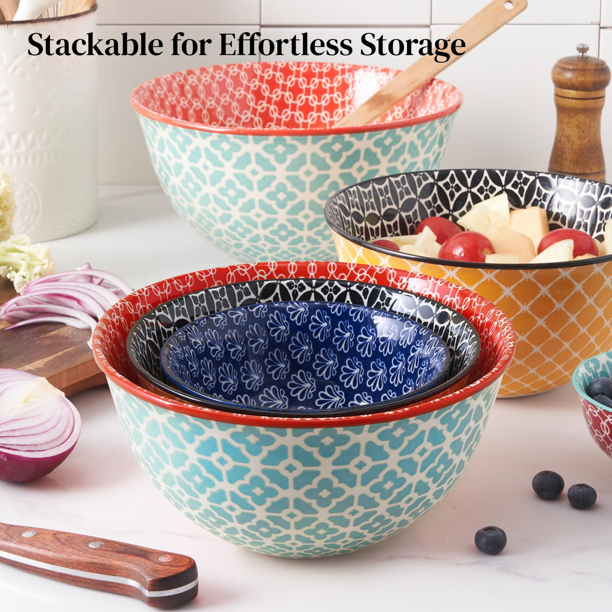 Close-up of DOWAN bowls shows vibrant pattern and craftsmanship.