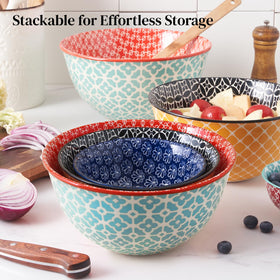 Close-up of DOWAN bowls shows vibrant pattern and craftsmanship.