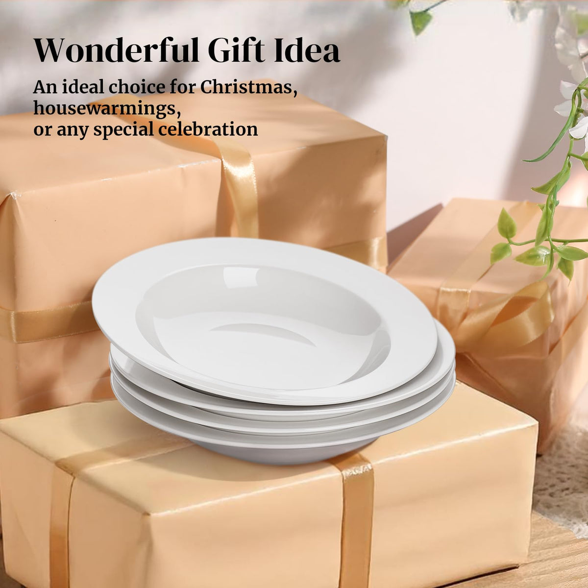 Minimalist white design complements casual and fancy table settings.