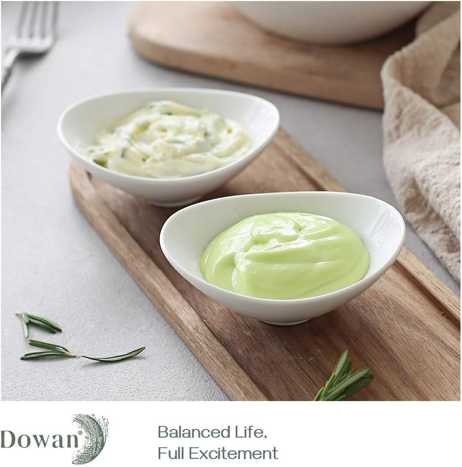 DOWAN soft white dipping bowls stacked neatly for compact kitchen storage.