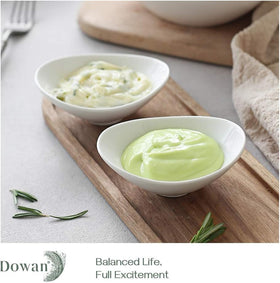 DOWAN soft white dipping bowls stacked neatly for compact kitchen storage.