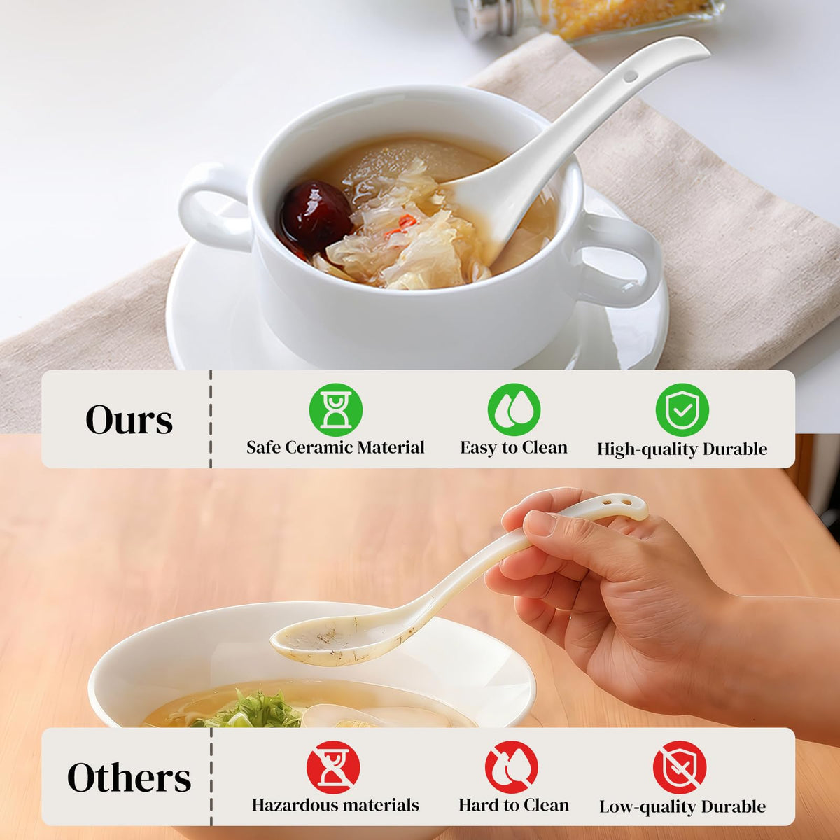 DOWAN porcelain spoon resists heat while remaining smooth.