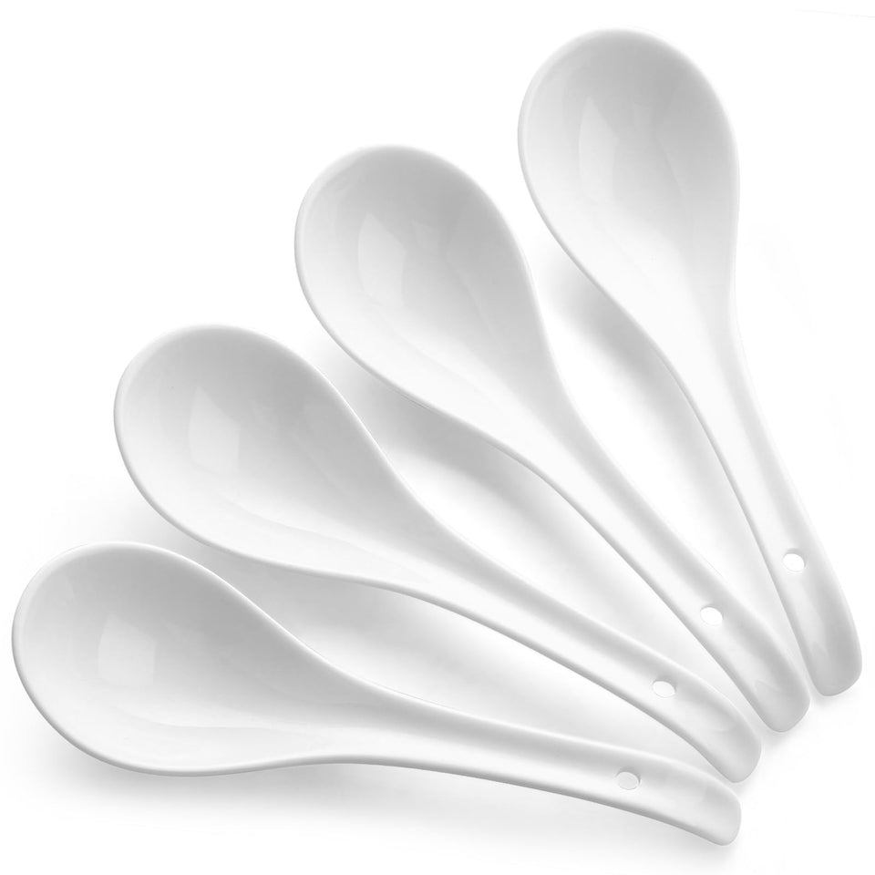 DOWAN white porcelain soup spoon with oval bowl for ramen and pho.