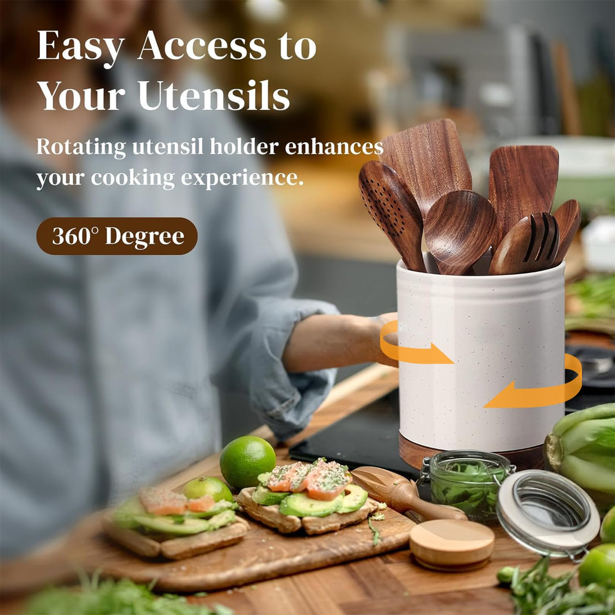 DOWAN weighted wood bottom keeps the holder upright during busy cooking.