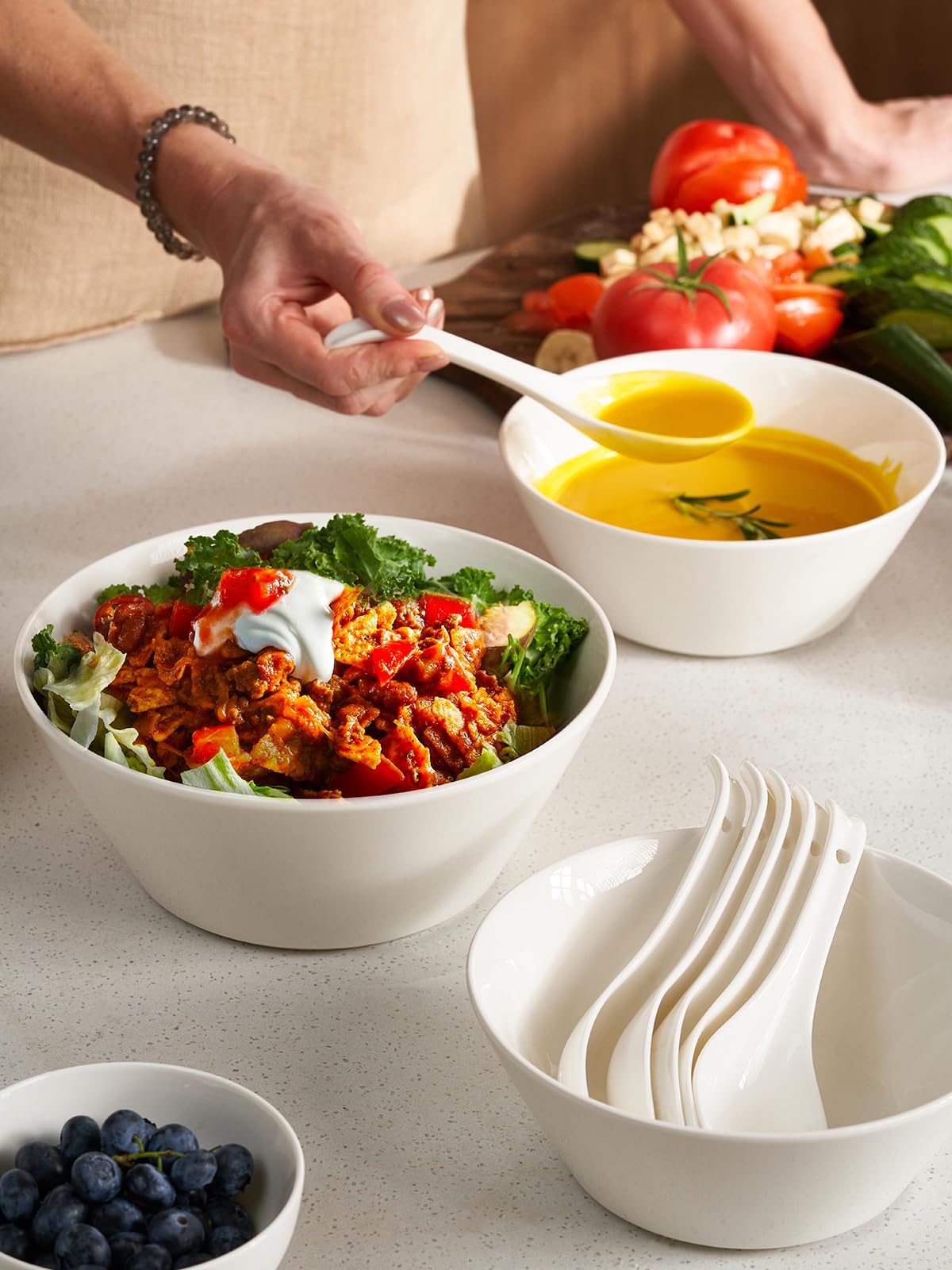 DOWAN stackable flat-bottom design improves cabinet organization