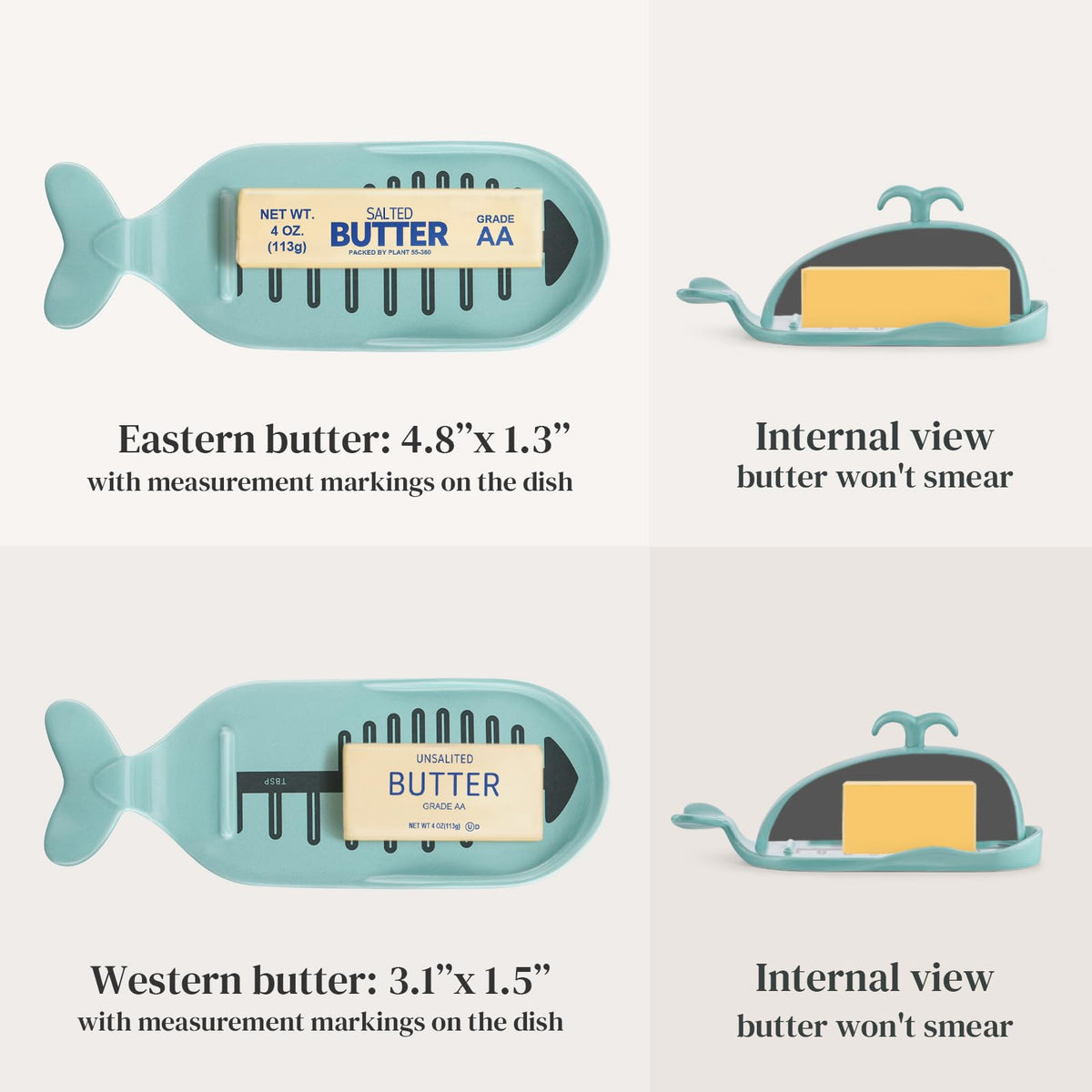 DOWAN Whale Butter Dish shows measuring lines for accurate portions.