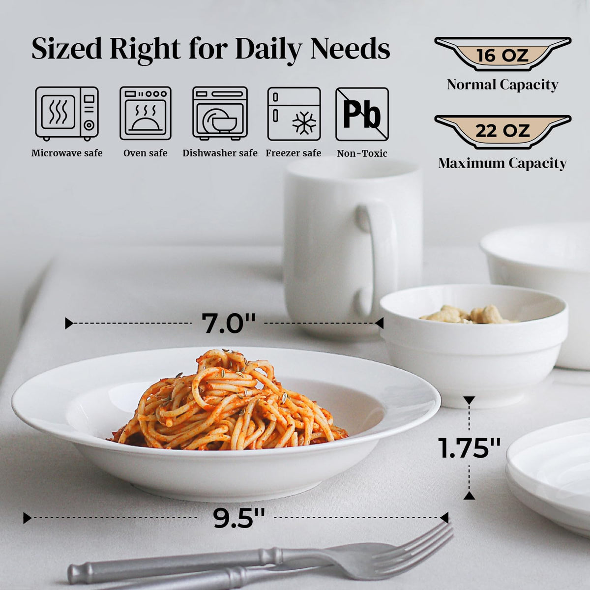 White porcelain bowls with a wide rim, easy to carry hot servings.