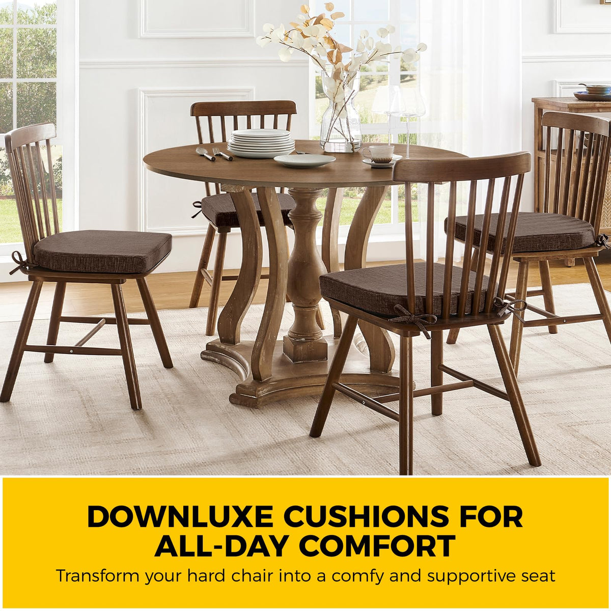 Downluxe brown cushions packaging emphasizes 4-pack value for full dining set upgrades.