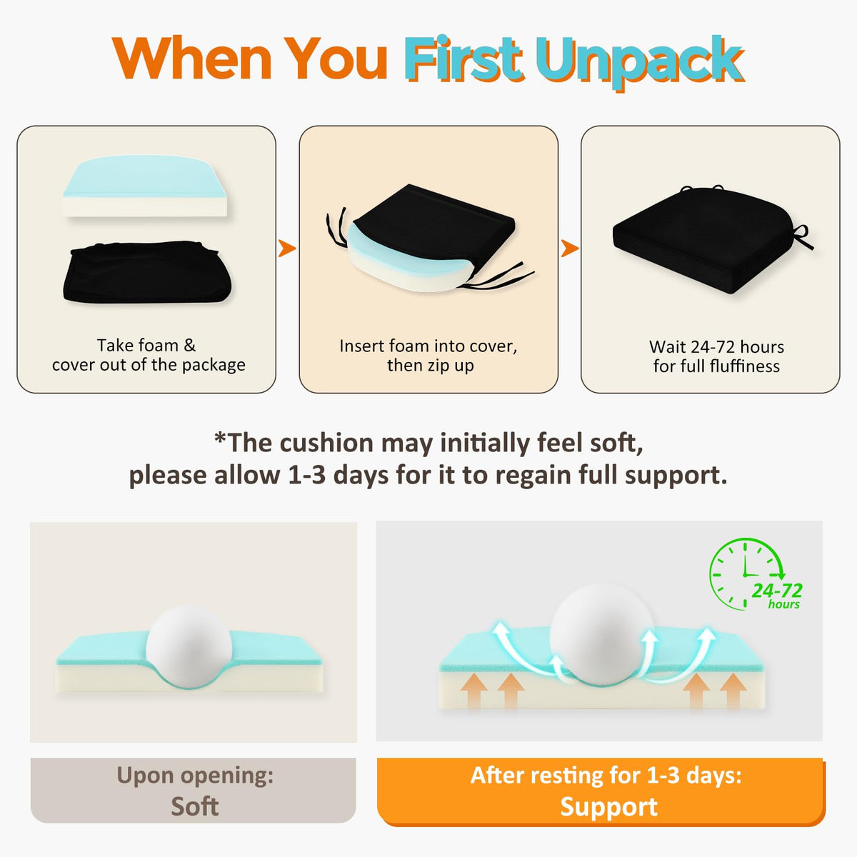 Downluxe cushions with attached ties secure to chair backs during use