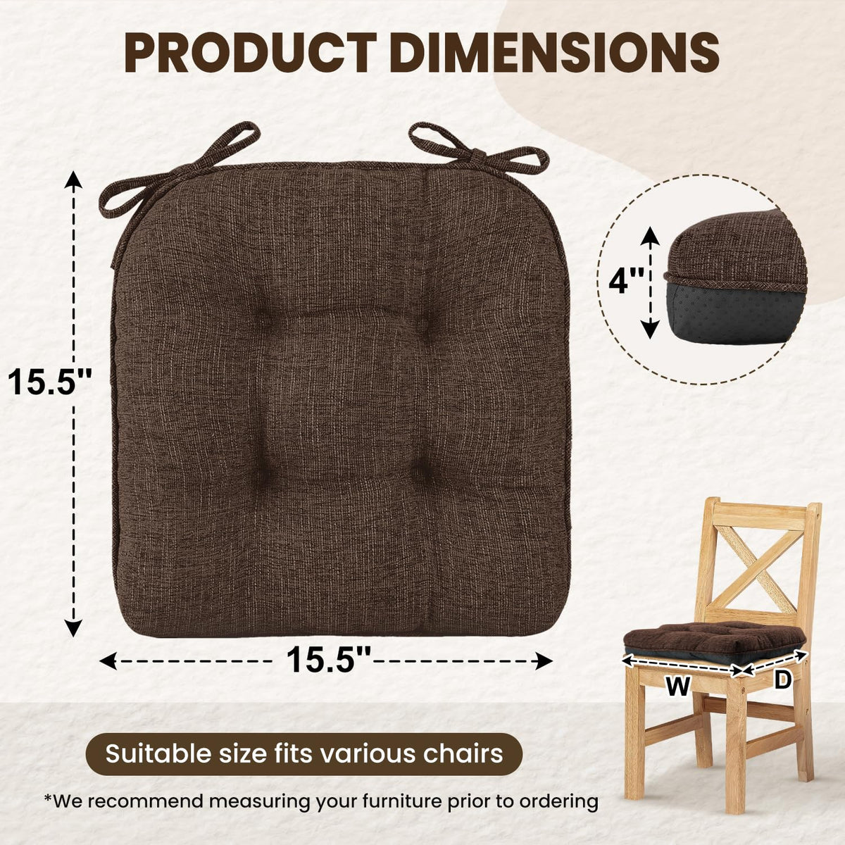 Non-slip backing on Downluxe chair pads prevents shifting